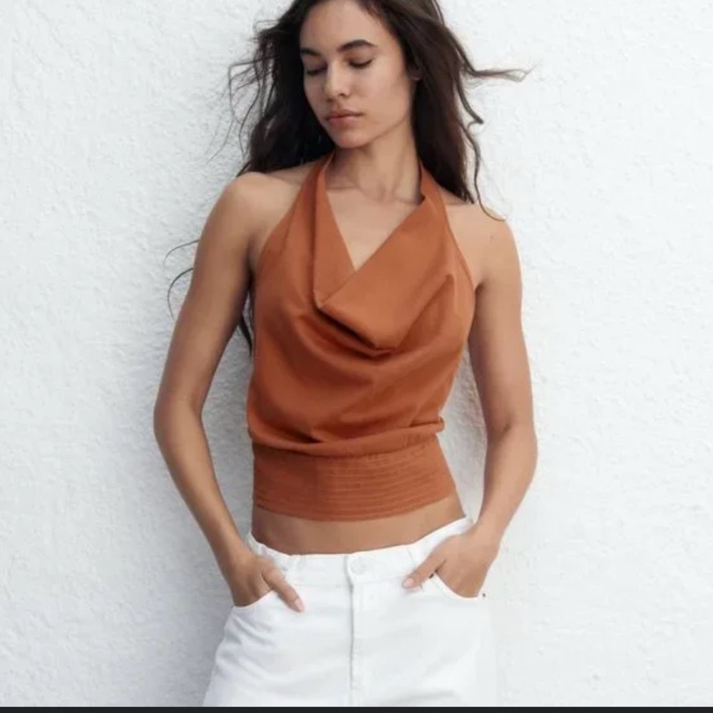 Zara Cowl neck burnt orange Halter Crop Top
